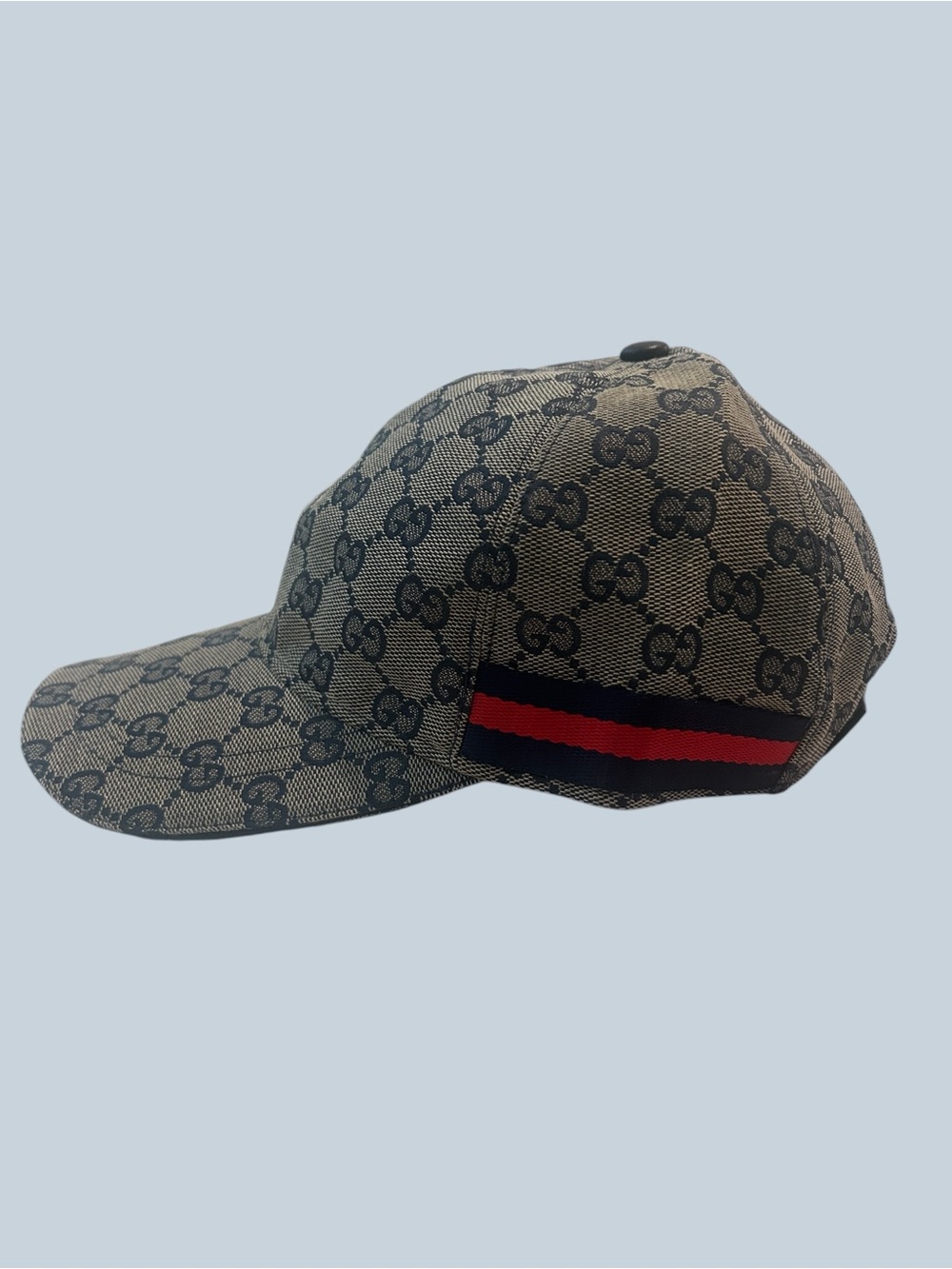 Gucci Beige Monogram Cap with Navy GG and Red Accent - Picture 2 of 6